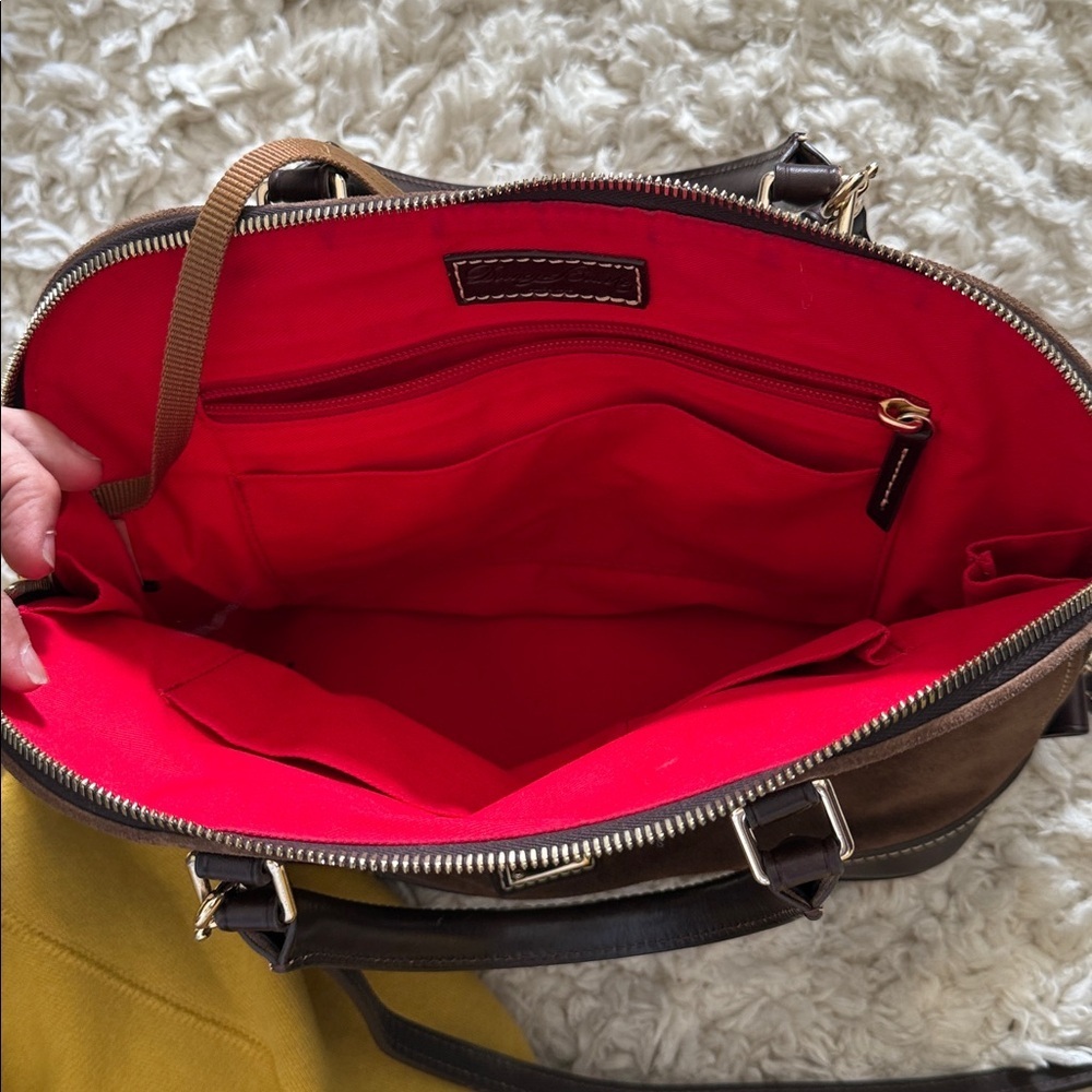 Dooney & Bourke Brown Suede Leather Dome Satchel Crossbody Bag Red Lining - Picture 6 of 12